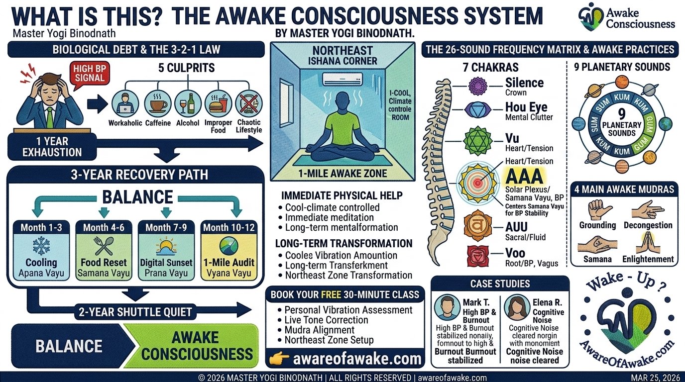 This debt is driven by The 5 Culprits:Workaholism: Continuous mental strain without true rest.
Caffeine: Forcing adrenals to operate on borrowed energy.
Alcohol: Disrupting cellular water memory and nervous recovery.
Improper Food: Heavy, processed inputs that create metabolic friction.
Chaotic Lifestyle: Environmental noise and digital overstimulation.
The 3-2-1 Law of Recovery
Master Yogi Binodnath teaches that one weekend retreat cannot undo months or years of strain. Under the 3-2-1 Law, for every 1 year of severe exhaustion, your biology requires 3 years of active balancing followed by 2 years of “Shuttle Quiet.”Ignoring this biological law leads to system overpressure—often manifesting directly as elevated blood pressure. You need a structured methodology to systematically pay off this debt and protect your long-term health.