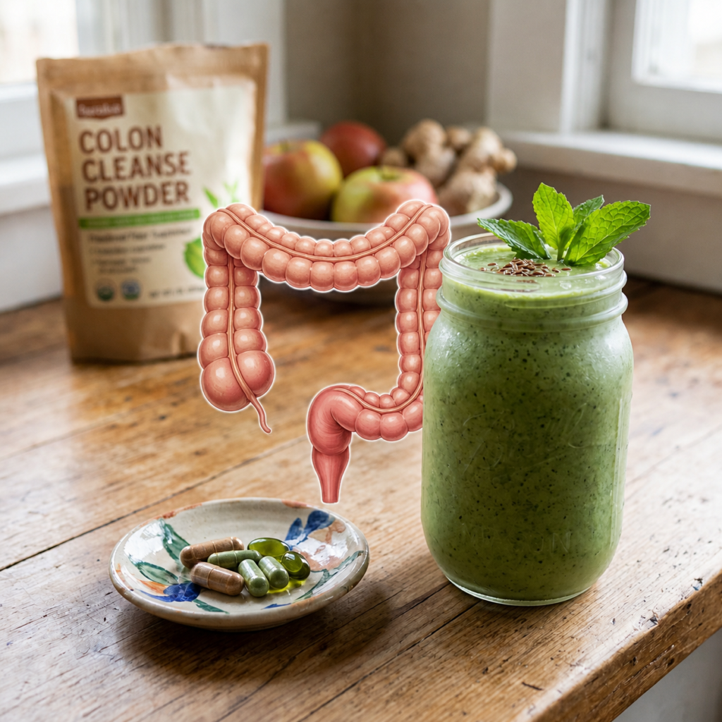 Green smoothie with mint, supplements, fruit bowl, and package labeled COLON CLEANSE POWDER